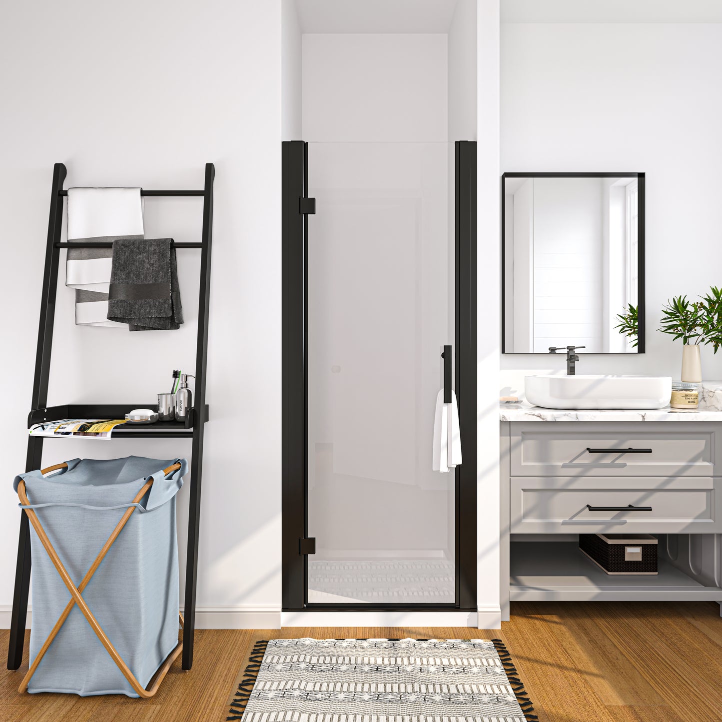 Swing Semi-Frameless Shower Door Matte Black Clear Glass