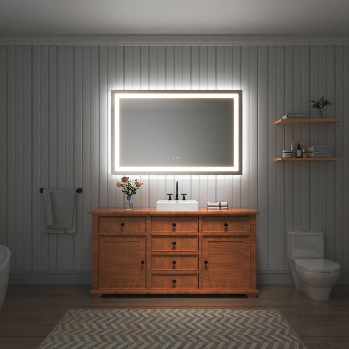 55 in. W x 36 in. H LED Large Rectangular Frameless Anti-Fog Bathroom Mirror Front & Backlit
