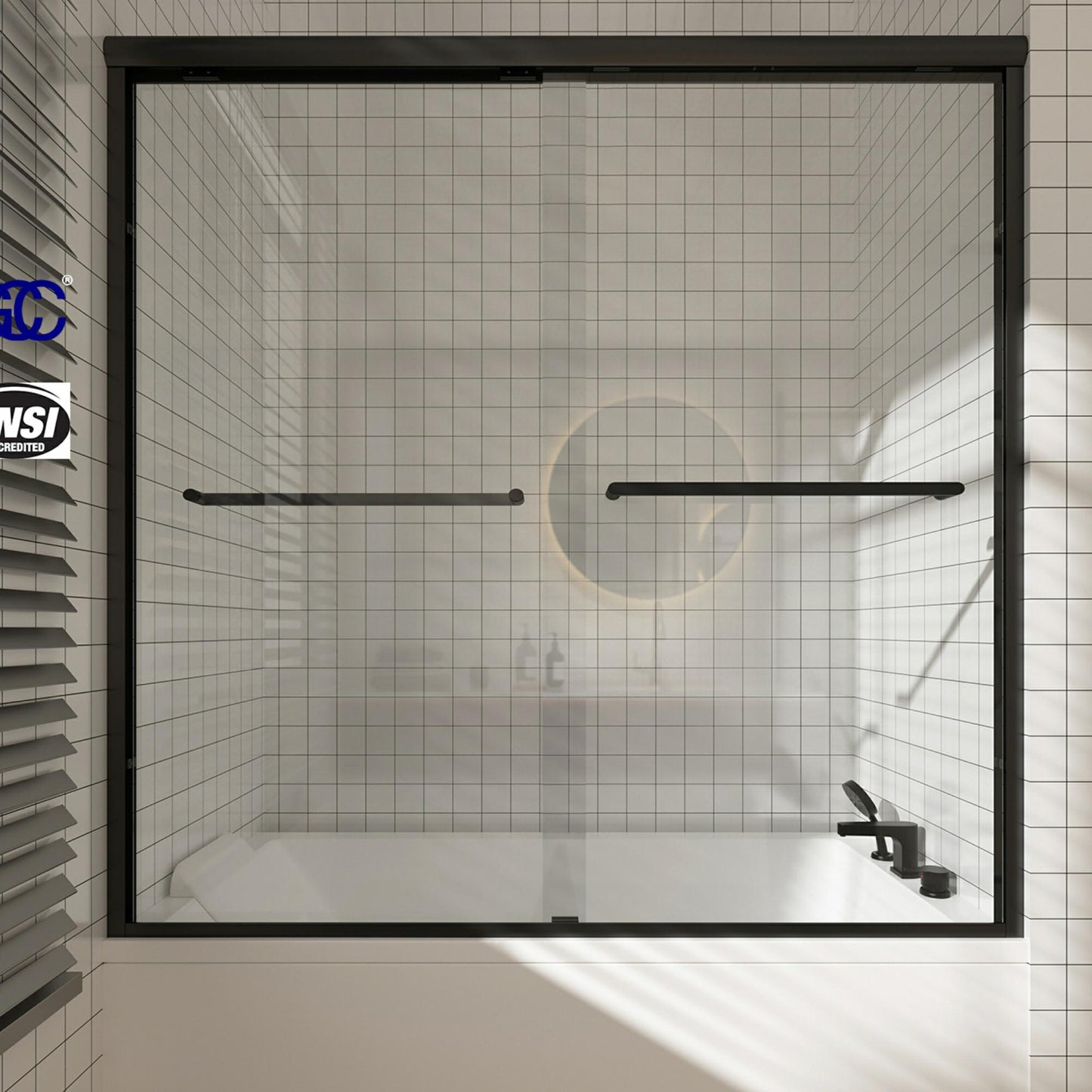 Toolkiss Semi Frameless Sliding Tub Shower Door 56’’ to 60’’ W x 58’’ H, Matte Black