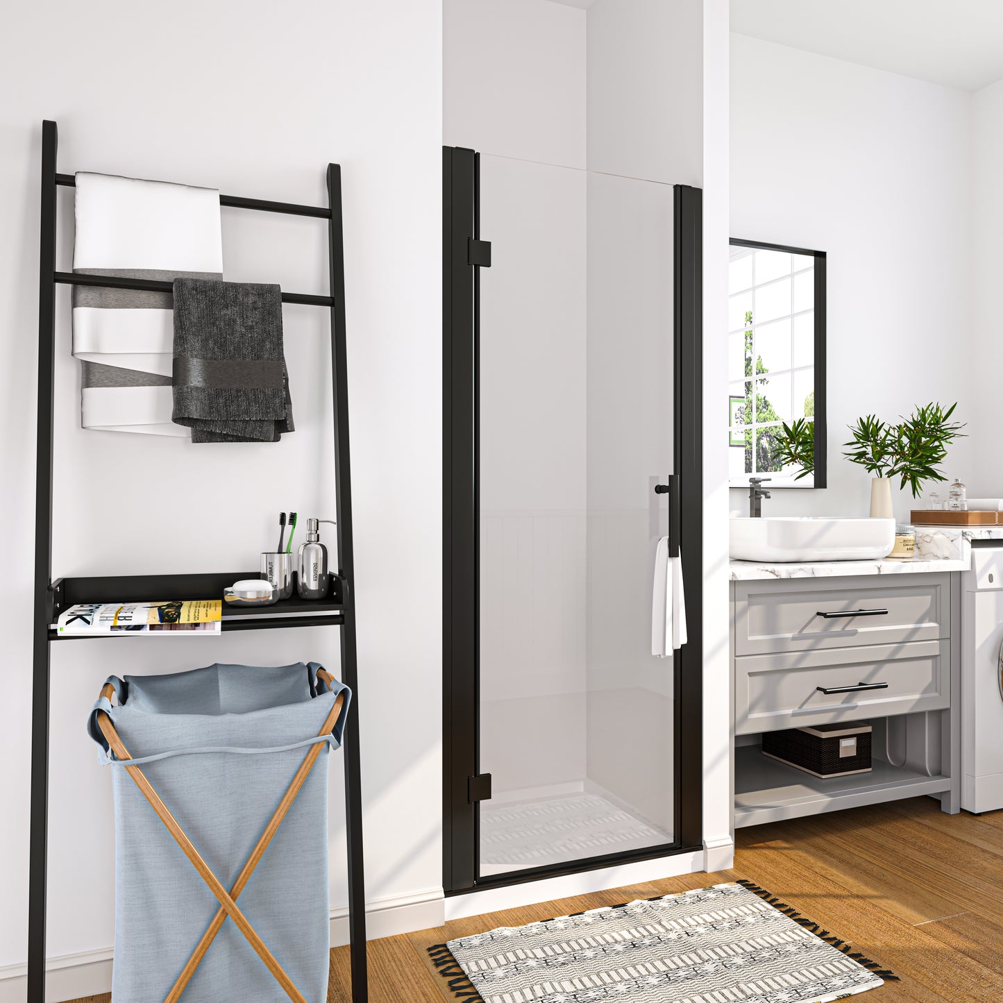 Swing Semi-Frameless Shower Door Matte Black Clear Glass