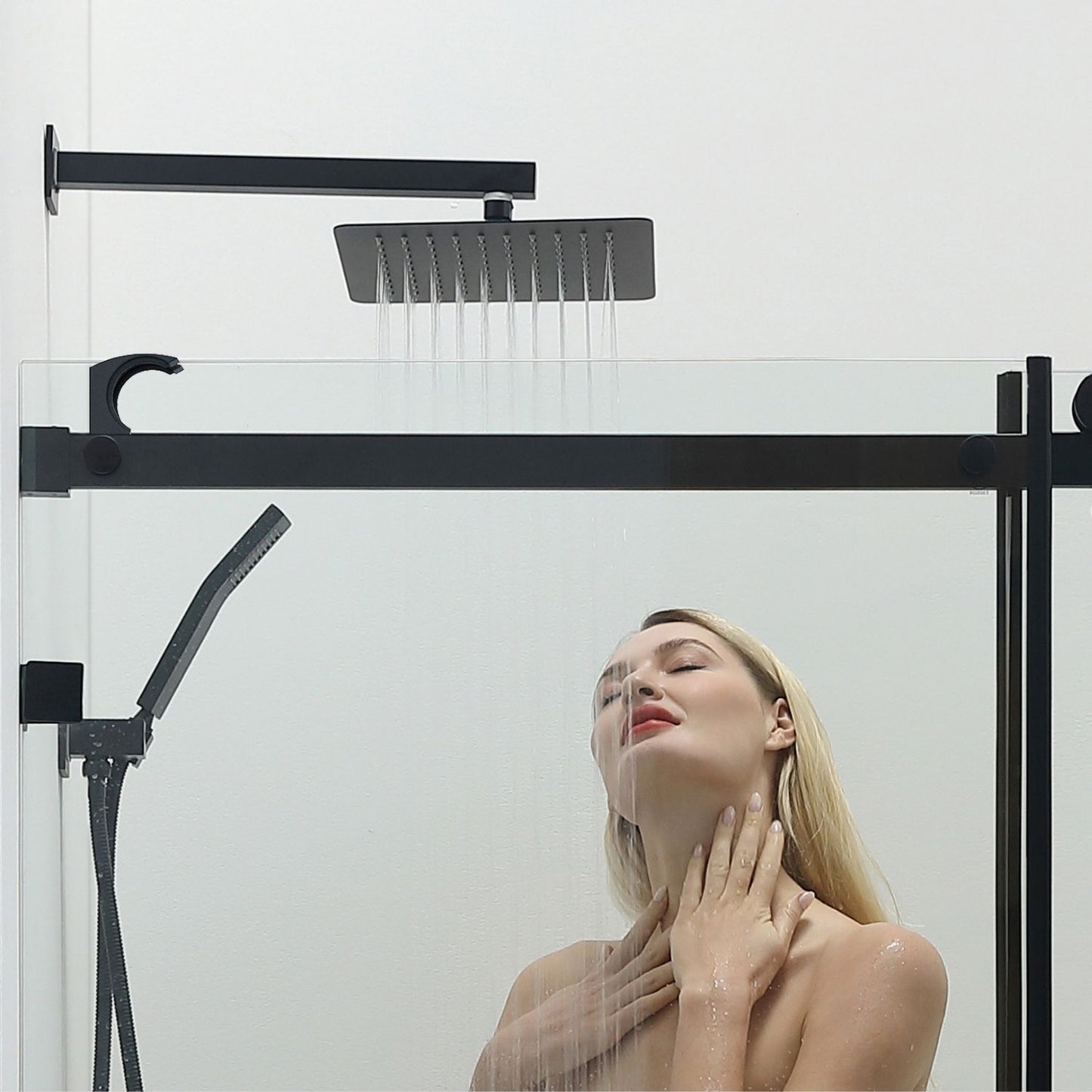 Toolkiss Semi Frameless Sliding Shower Door Shower Base Kit, Double Sliding, Matte Black