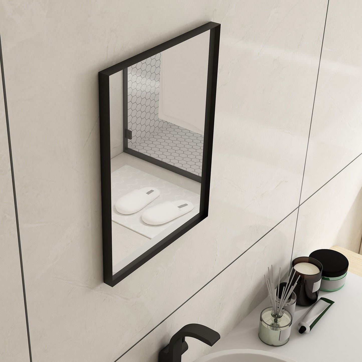 Rectangular Framed Bathroom Mirror Right Angle in Matte Black