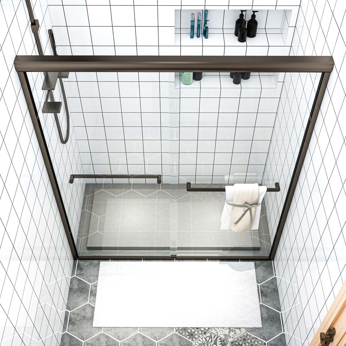 Toolkiss 56’’ to 60’’W x72’’H Semi Frameless Sliding Shower Door, Oil Rubbed Bronze, Clear Glass