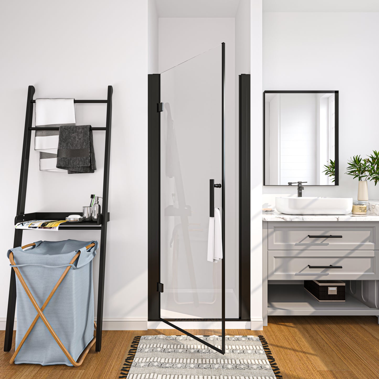 Swing Semi-Frameless Shower Door Matte Black Clear Glass
