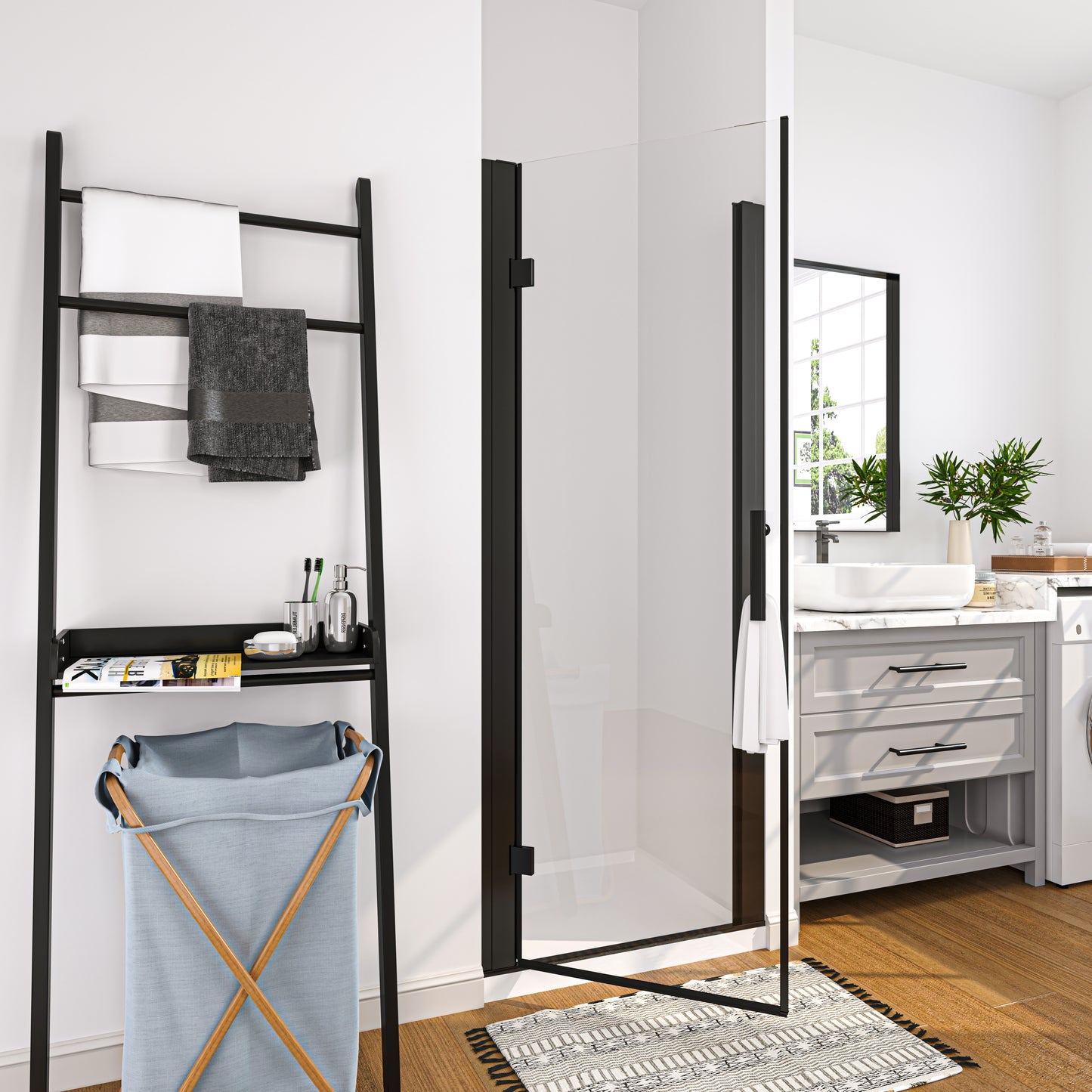 Swing Semi-Frameless Shower Door Matte Black Clear Glass