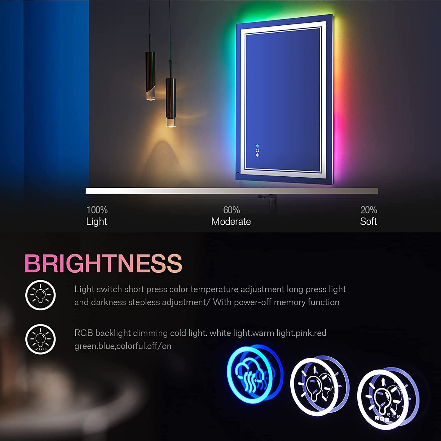 48 in W x 32 in. H Led Large Rectangular RGB Anti-Fog Bathroom Mirror Front & Backlit