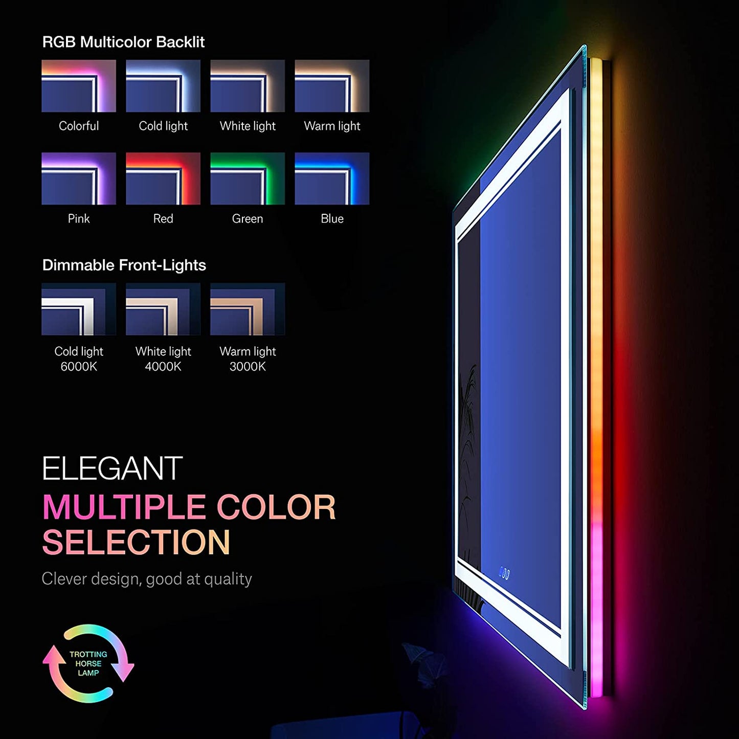 48 in W x 32 in. H Led Large Rectangular RGB Anti-Fog Bathroom Mirror Front & Backlit