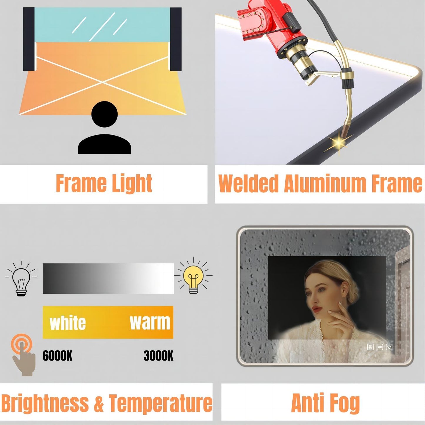 TOOLKISS® Rectangular Black Framed Anti-Fog LED Wall Bathroom Vanity Mirror with Front Light