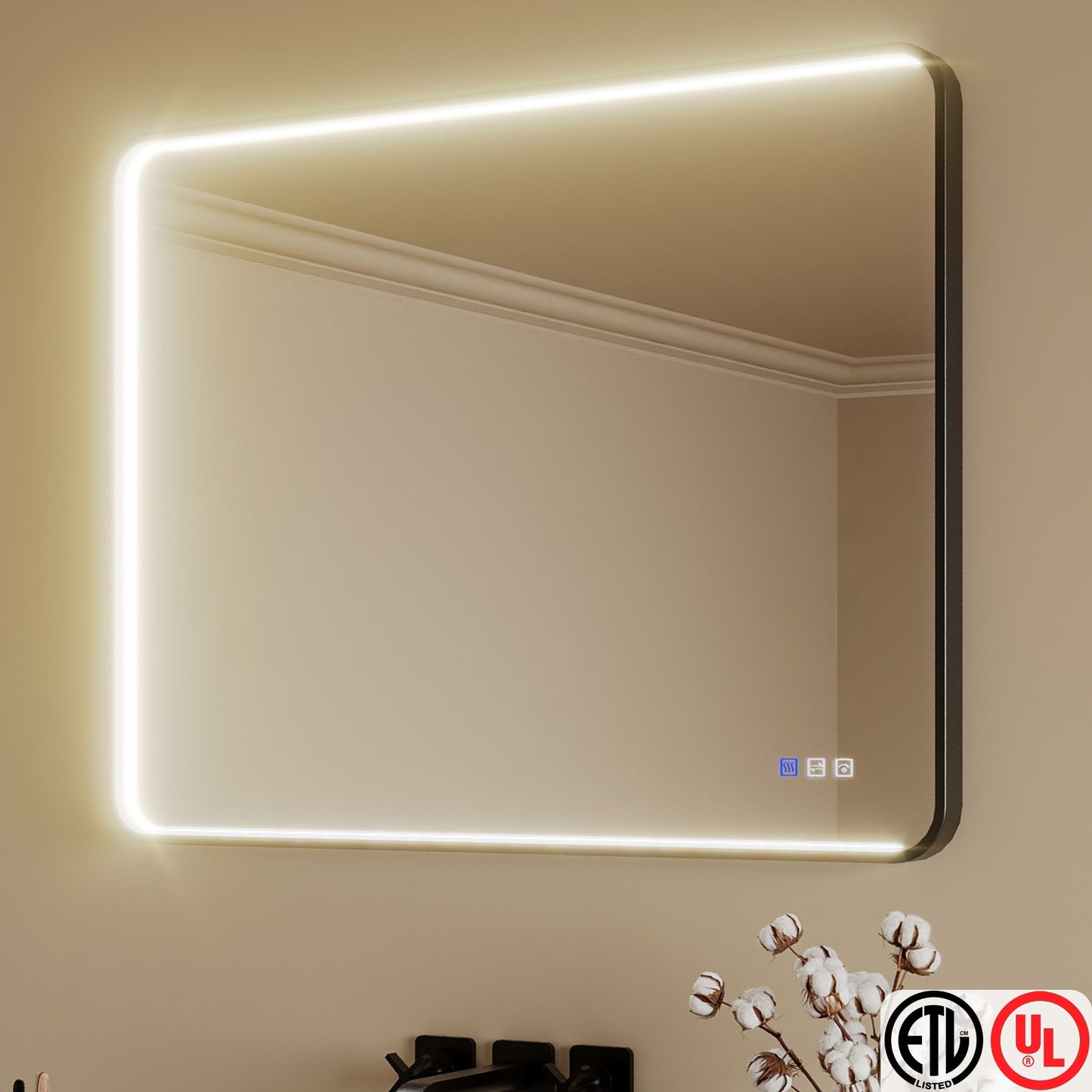 TOOLKISS® Rectangular Black Framed Anti-Fog LED Wall Bathroom Vanity Mirror with Front Light