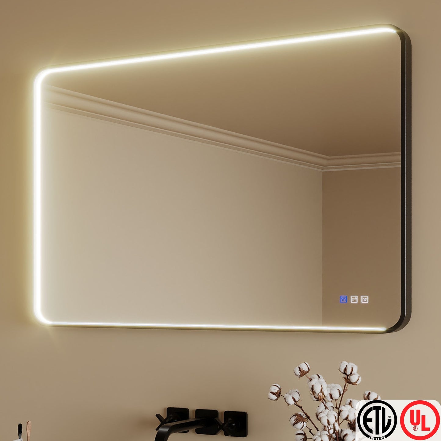 TOOLKISS® Rectangular Black Framed Anti-Fog LED Wall Bathroom Vanity Mirror with Front Light