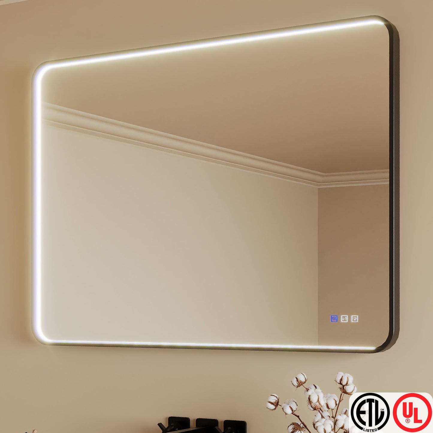 TOOLKISS® Rectangular Black Framed Anti-Fog LED Wall Bathroom Vanity Mirror with Front Light