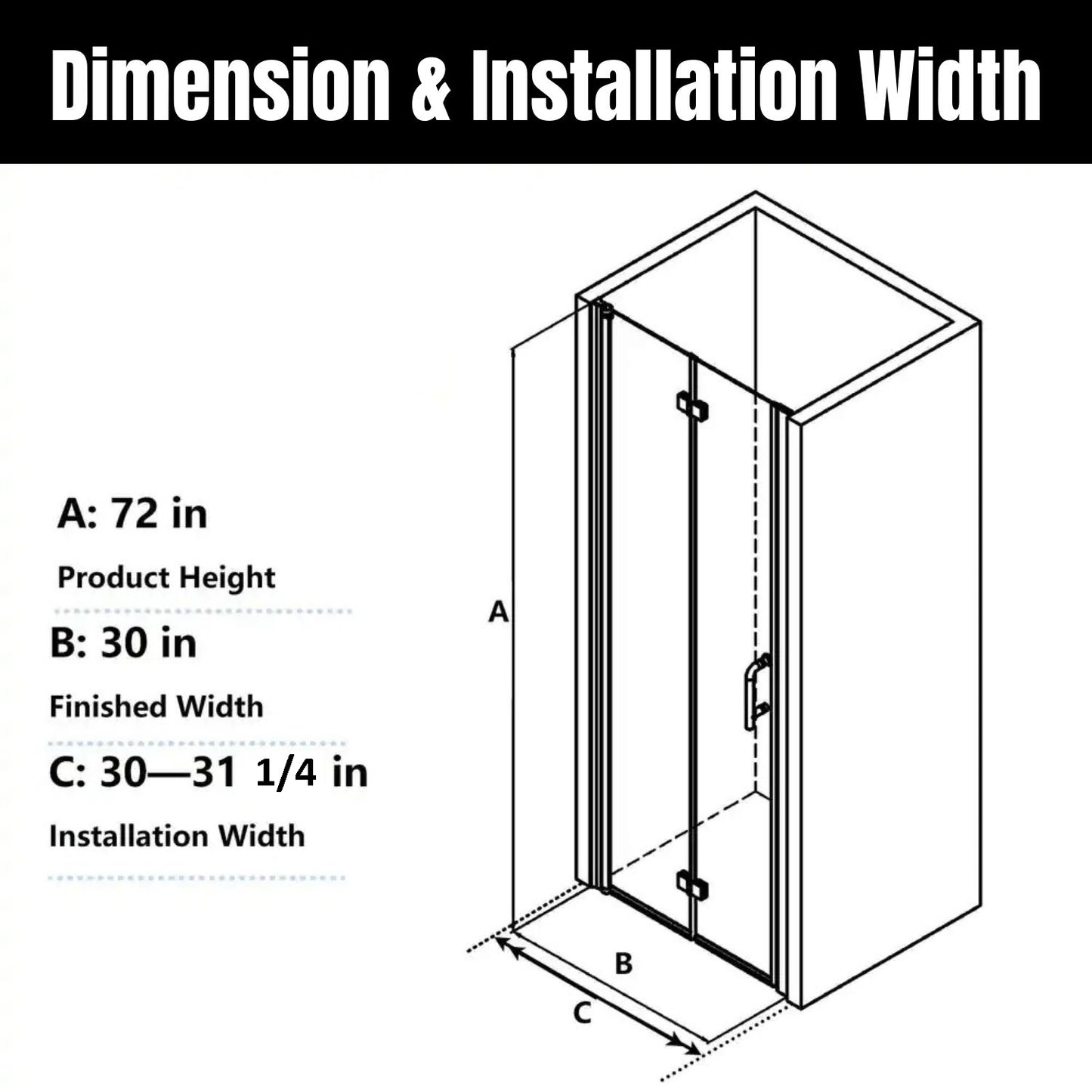 30-31 1/4" in. W x 72 in. H Bi-Fold Minimalist Frameless Shower Door Matte Black Clear Glass