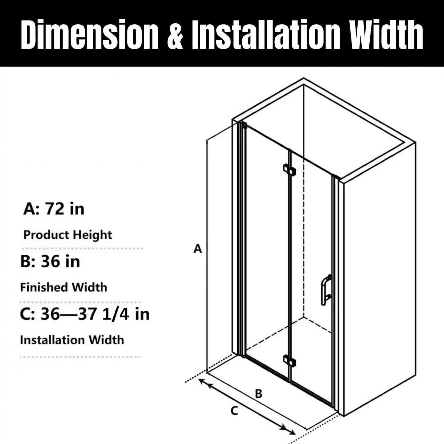 36-37 1/4'' in. W x 72 in. H Bi-Fold Minimalist Frameless Shower Door Matte Black Clear Glass