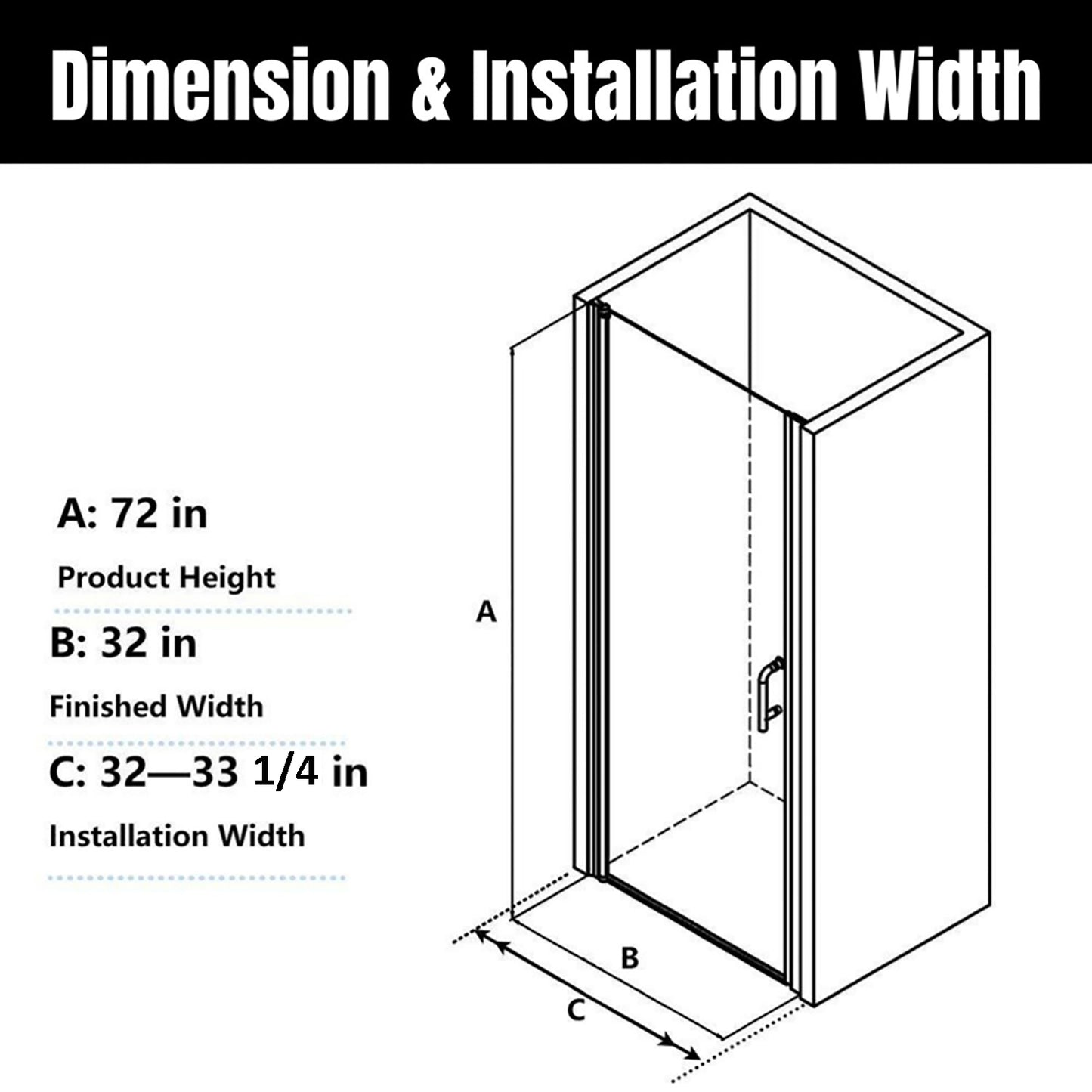 32-33 1/4'' in. W x 72 in. H Pivot Swing Minimalist Frameless Shower Door Matte Black Clear Glass