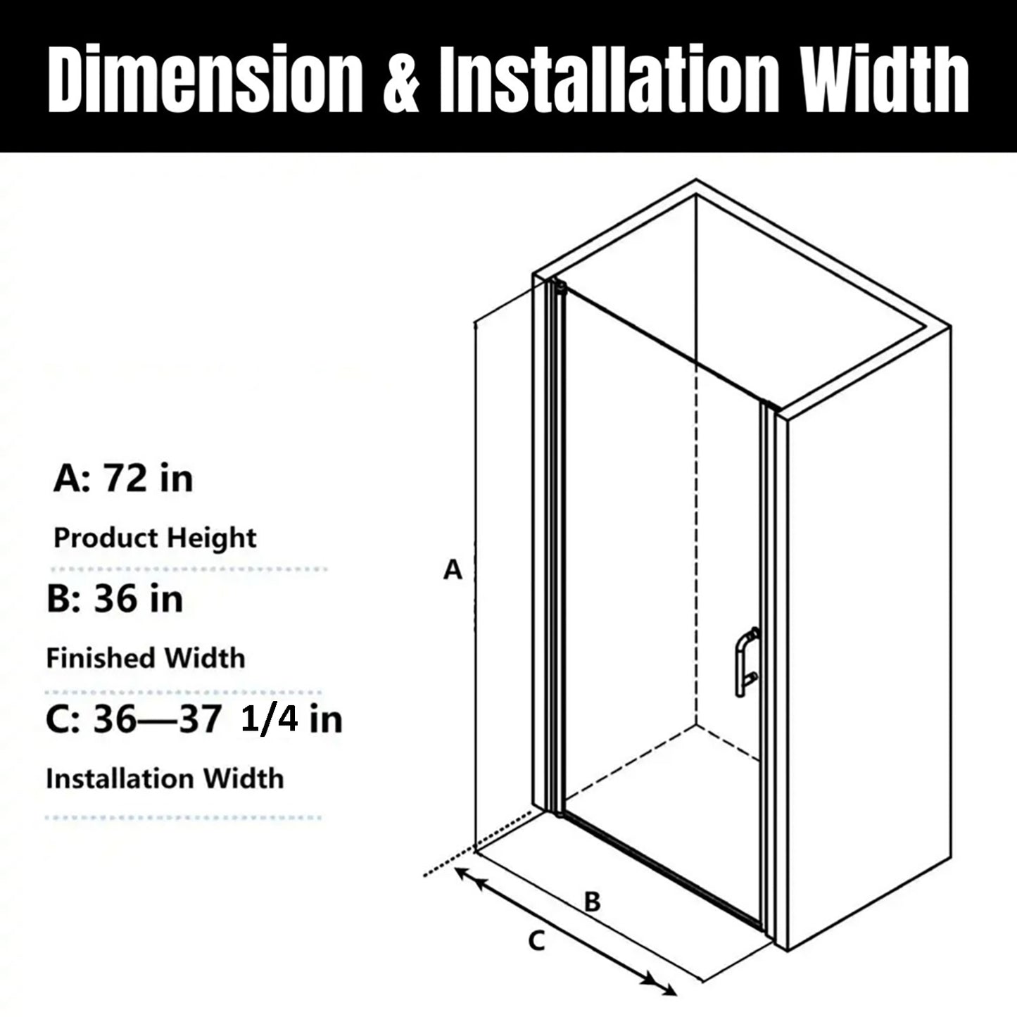 36-37 1/4'' in. W x 72 in. H Pivot Swing Minimalist Frameless Shower Door Matte Black Clear Glass