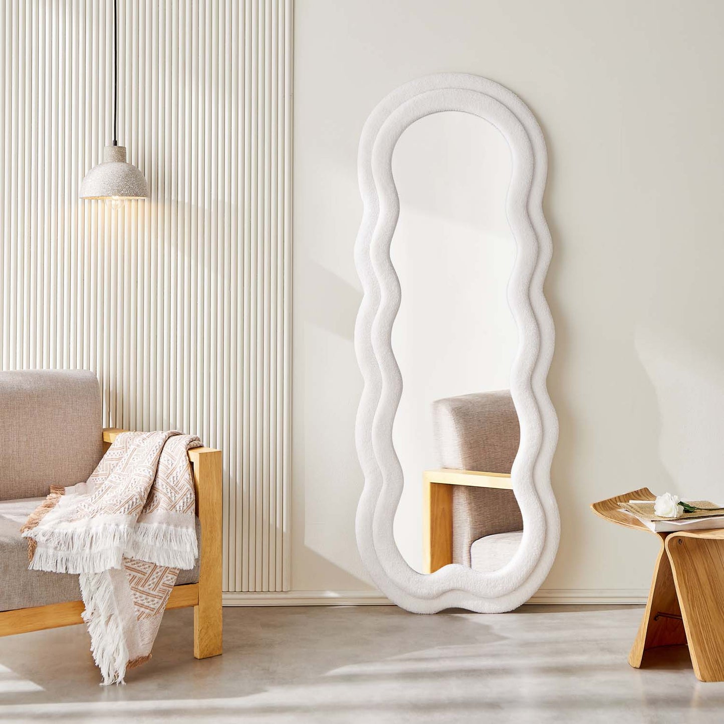 Full Length Standing Wavy Mirror 63’’ x 24’’ (H x W) with Flannelette Fabric Frame White