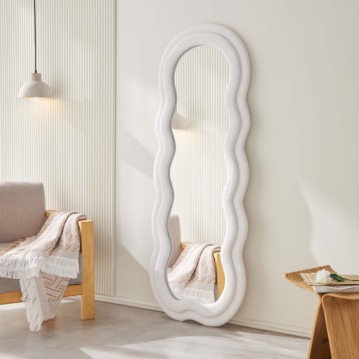 Full Length Standing Wavy Mirror 63’’ x 24’’ (H x W) with Flannelette Fabric Frame White