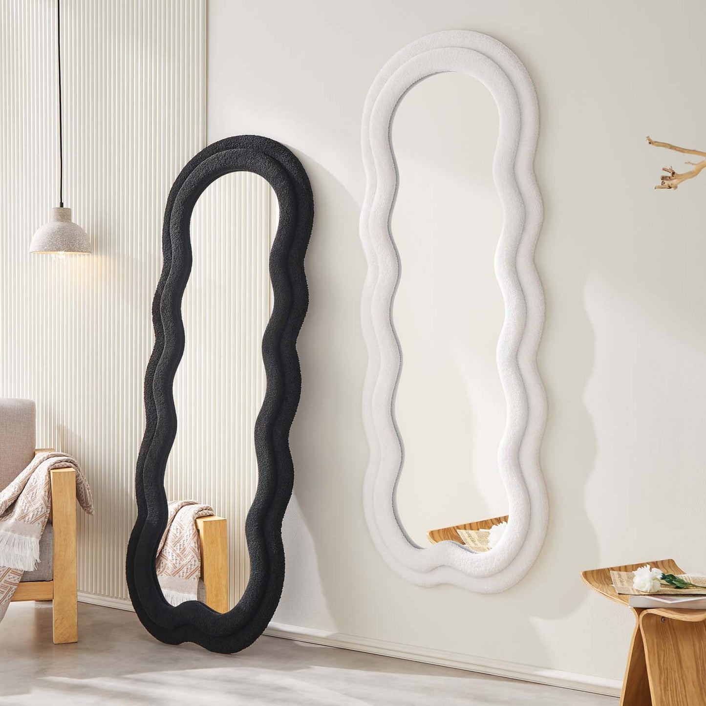Full Length Standing Wavy Mirror 63’’ x 24’’ (H x W) with Flannelette Fabric Frame White