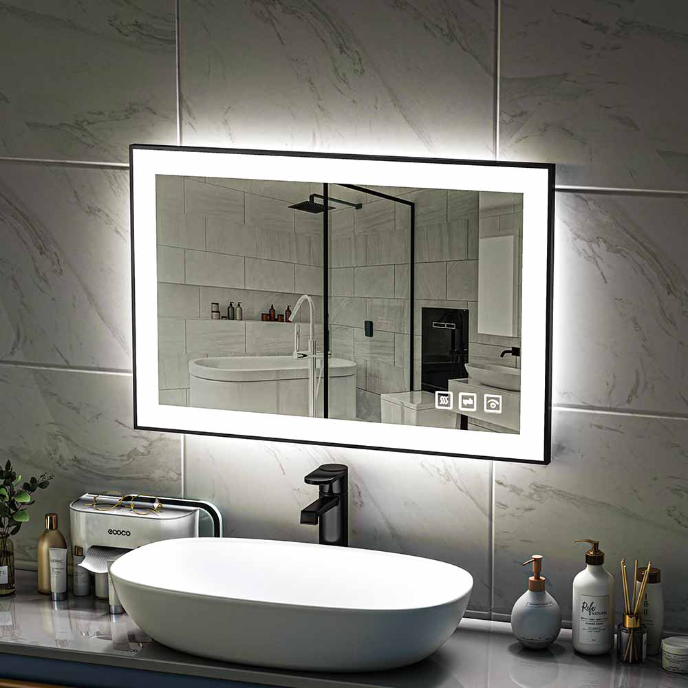 36'' W x 24'' H LED Bathroom Mirror, Fog Free, Dimmable, Black Frame, Front Light & Backlit