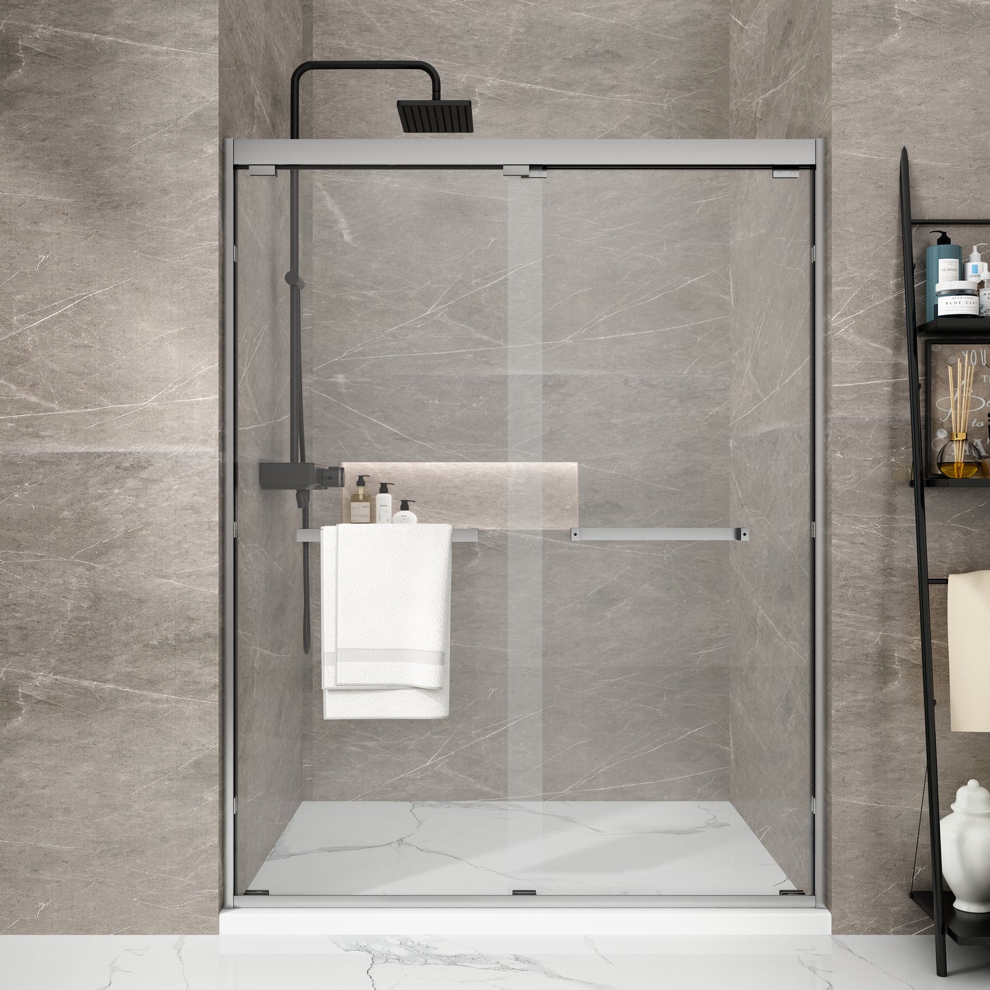 56 to 60 in. W x 76 in. H Sliding Semi Framed Shower Door in Brushed Nickel with Clear Glass