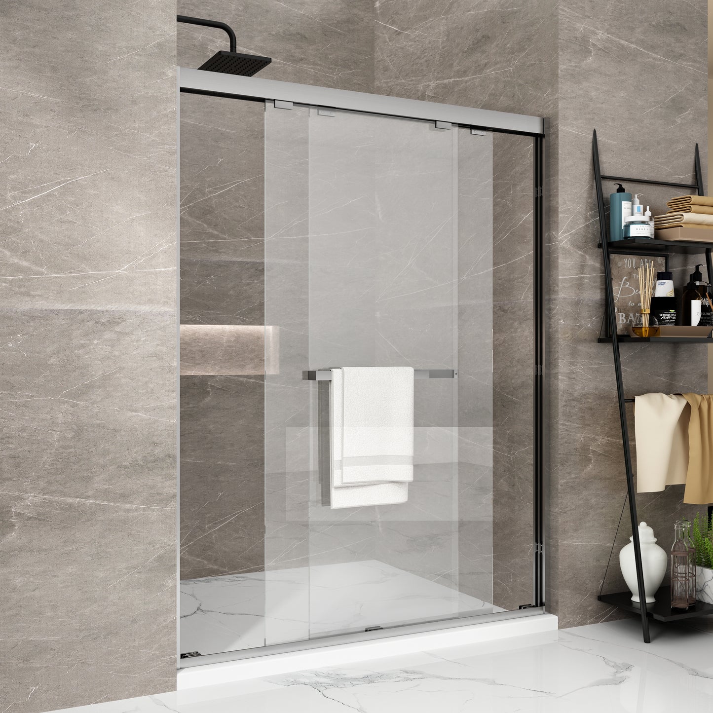 56 to 60 in. W x 76 in. H Sliding Semi Framed Shower Door in Brushed Nickel with Clear Glass