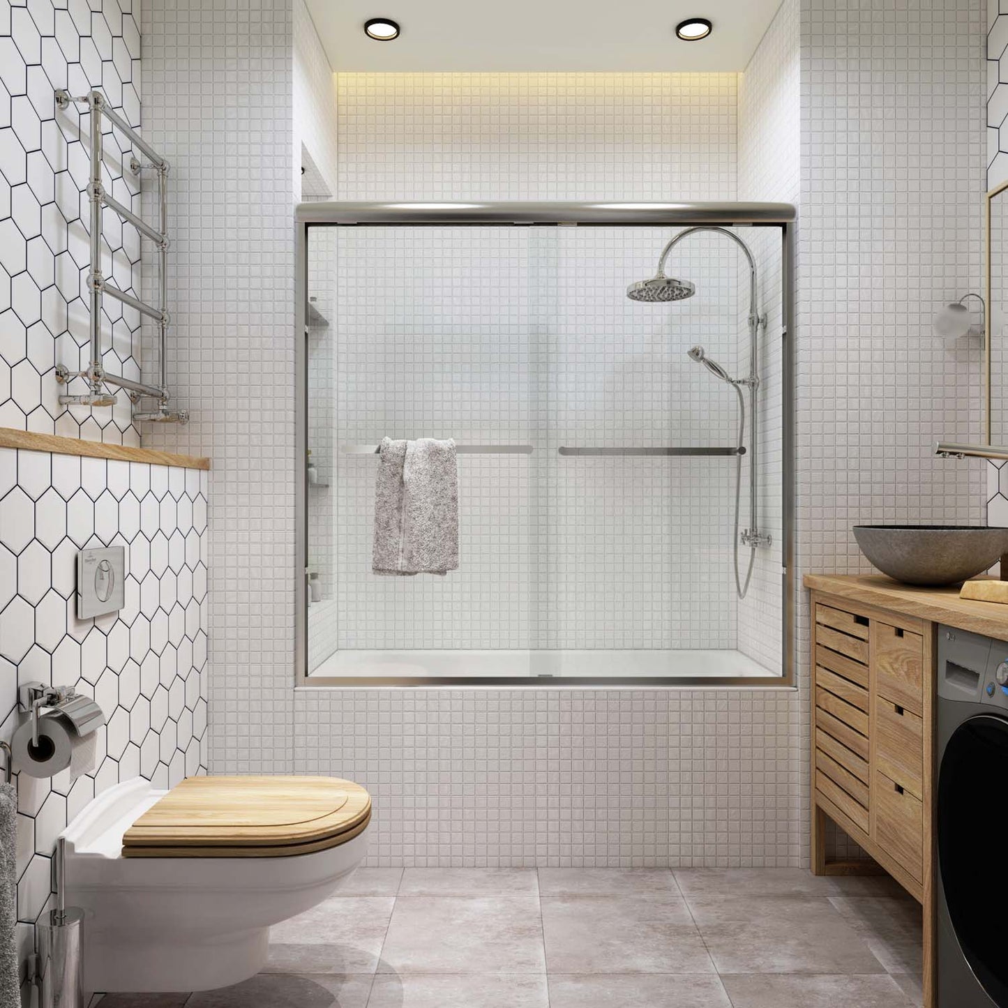 Toolkiss Semi Frameless Sliding Tub Shower Door 56’’ to 60’’ W x 58’’ H, Brush Nickel