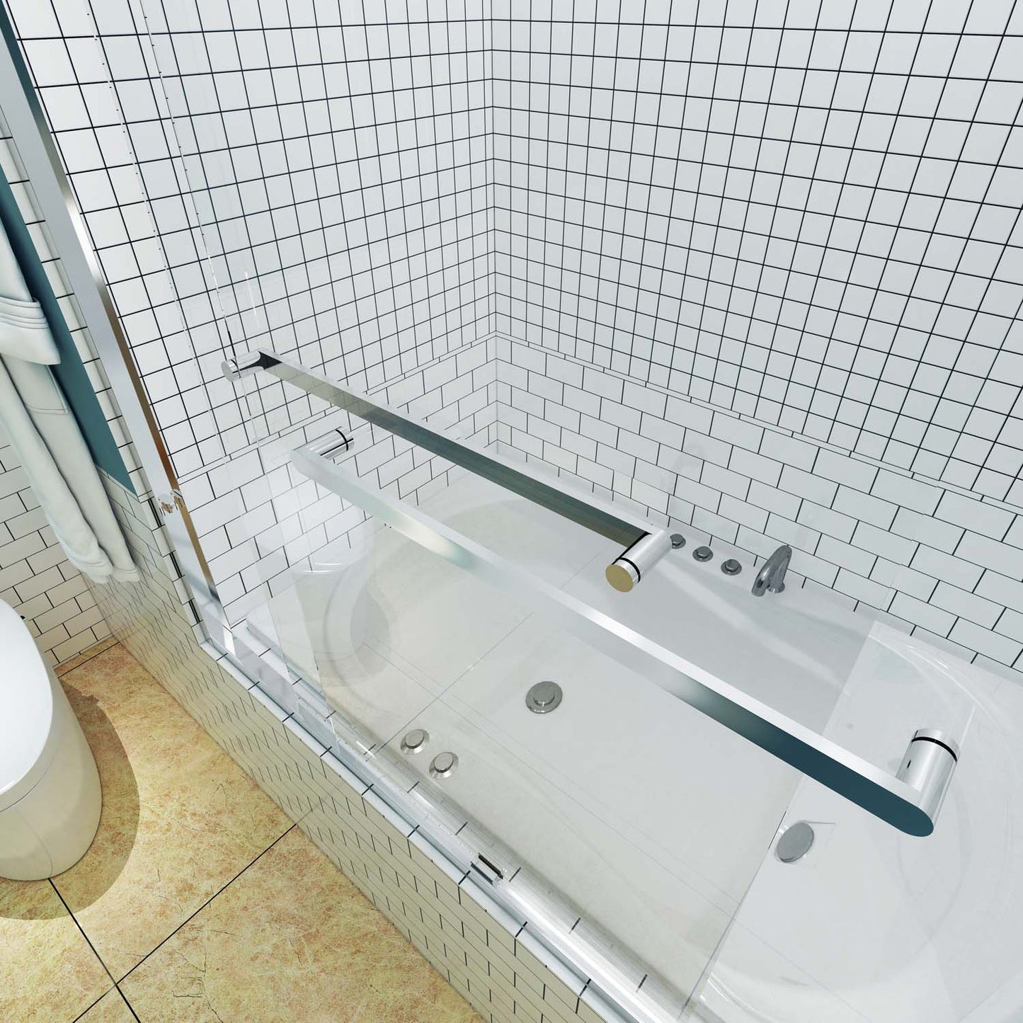 Toolkiss Semi Frameless Sliding Tub Shower Door 56’’ to 60’’ W x 58’’ H, Chrome