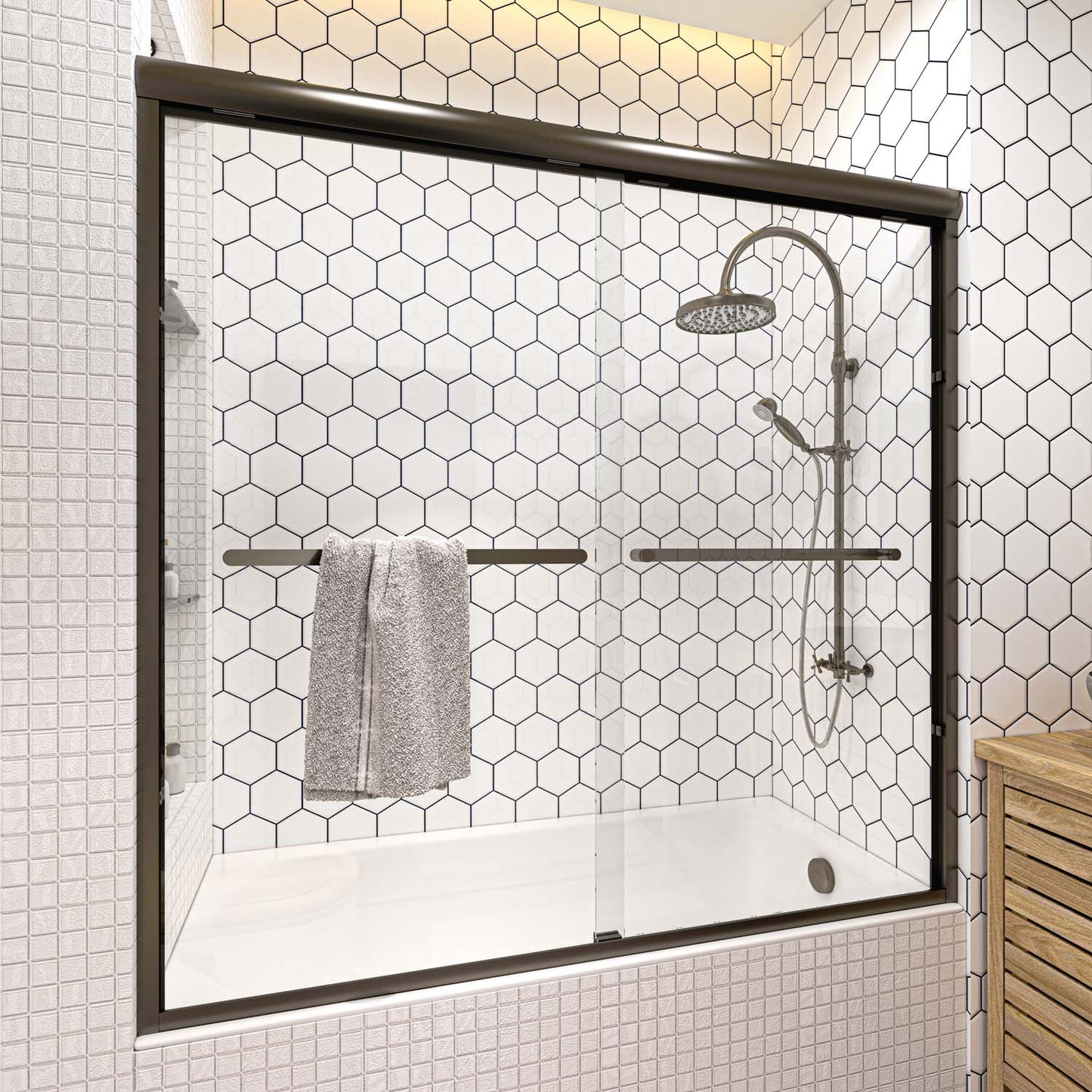 Toolkiss Semi Frameless Sliding Tub Shower Door 56’’ to 60’’ W x 58’’ H, Oil Rubbed Bronze