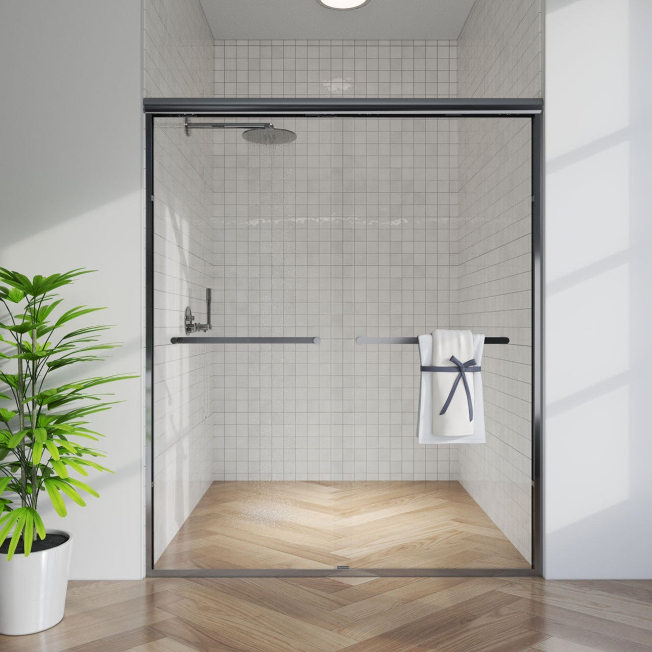 56-60 in. W x 72 in. H Sliding Semi-Frameless Shower Door Matte Black/Chrome/Brushed Nickel Clear Glass