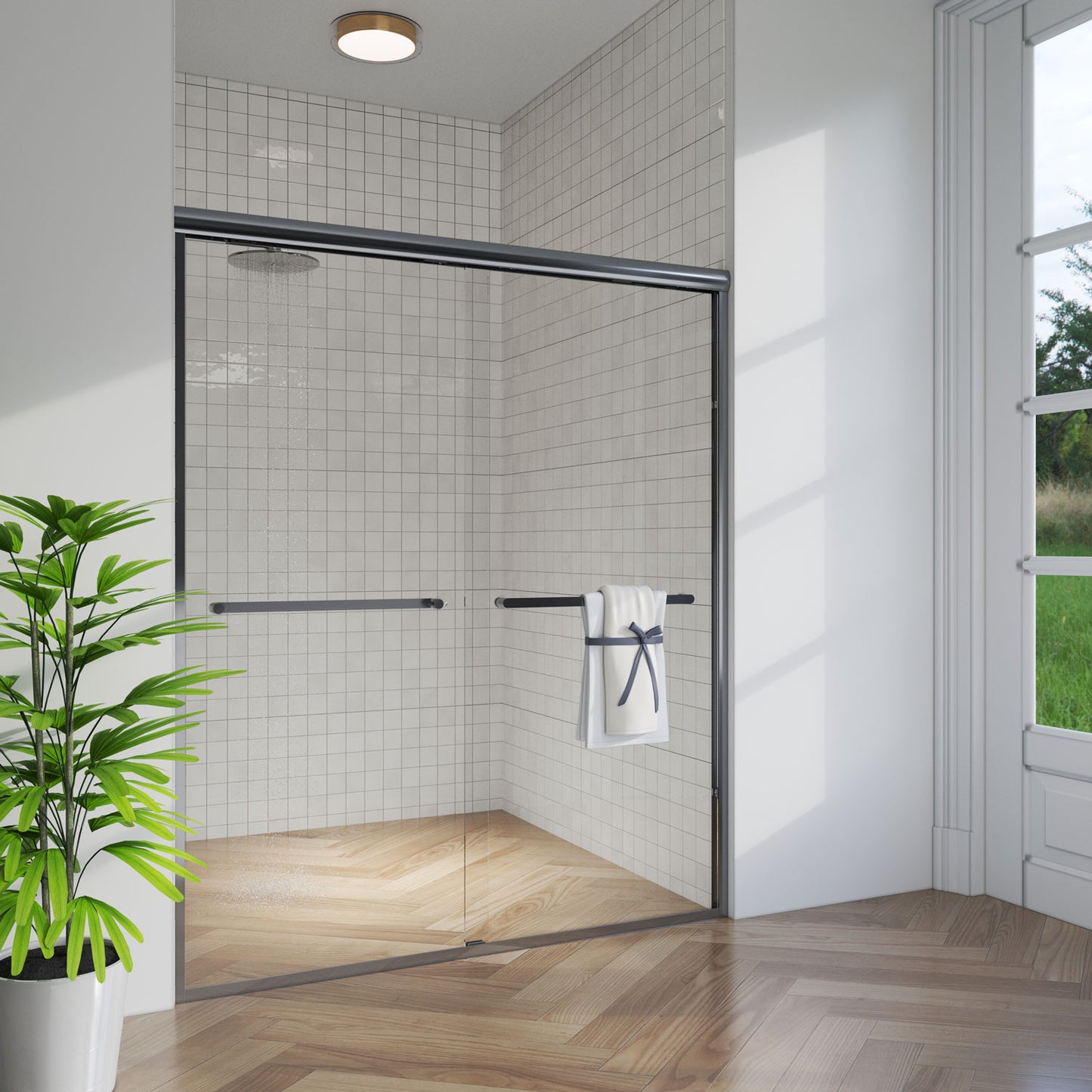 56-60 in. W x 72 in. H Sliding Semi-Frameless Shower Door Matte Black/Chrome/Brushed Nickel Clear Glass