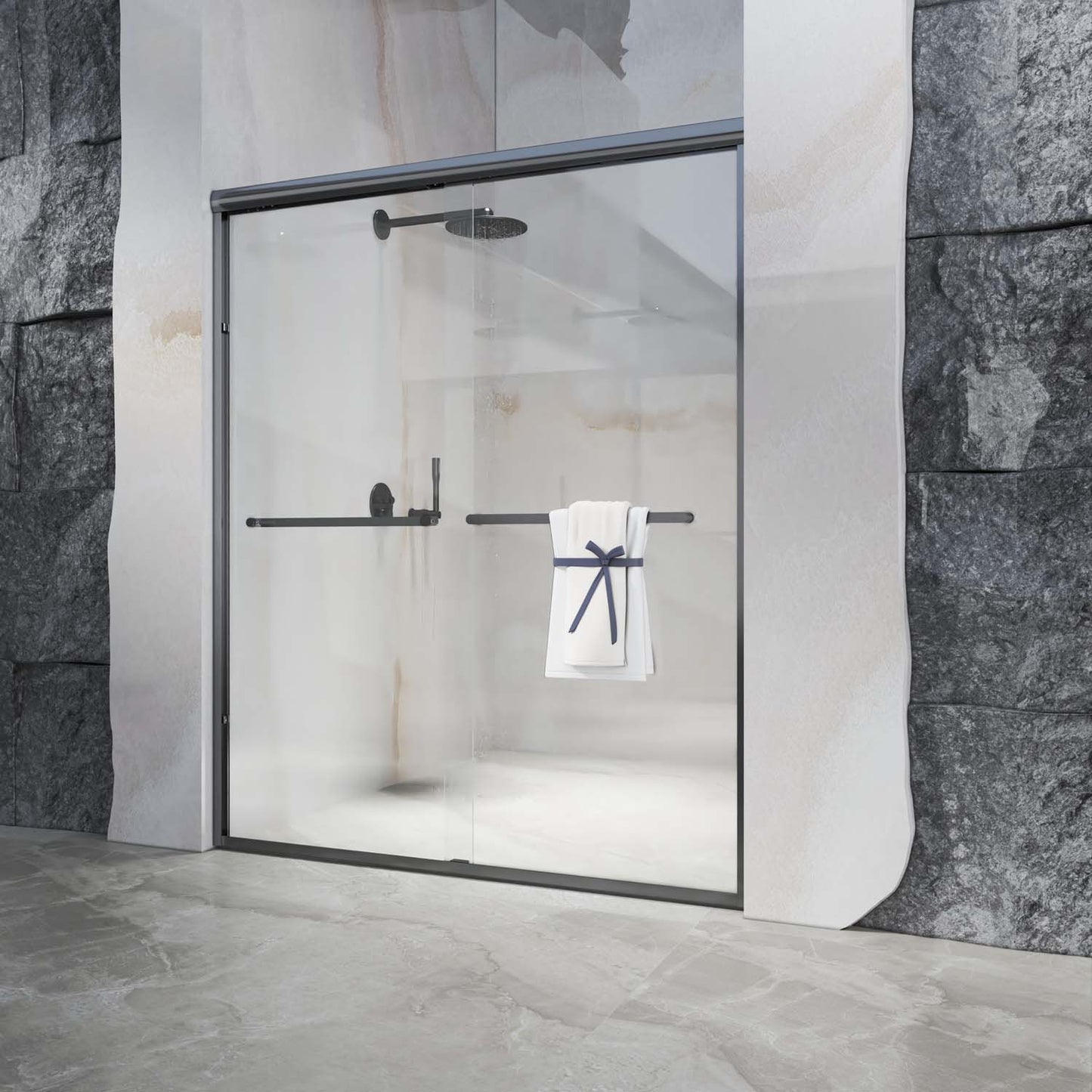 Toolkiss 56’’ to 60’’W x72’’H Semi Frameless Sliding Shower Door, Matte Black, Clear Glass