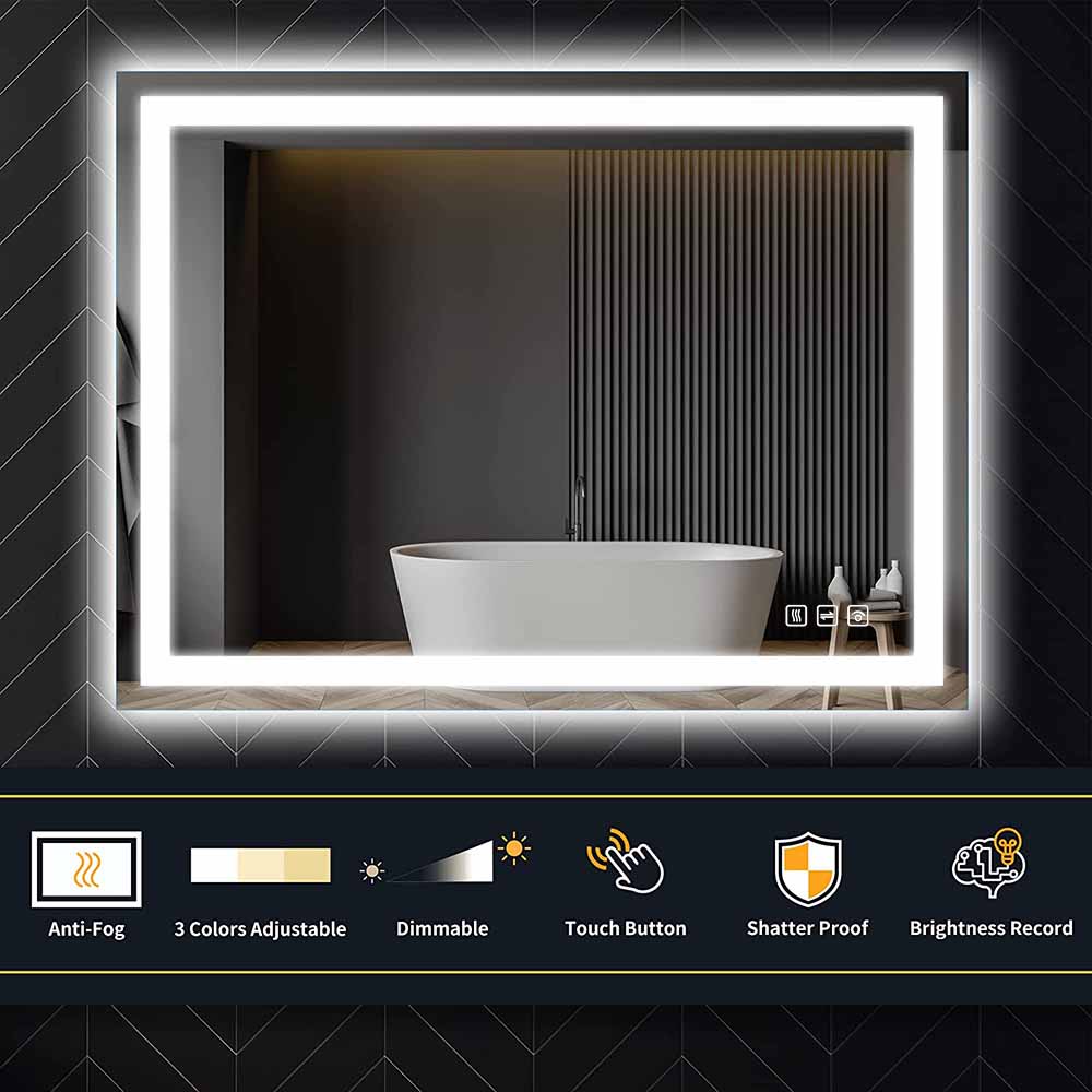 48 in. W x 36 in. H LED Rectangular Frameless Anti-Fog Bathroom Mirror Front & Backlit