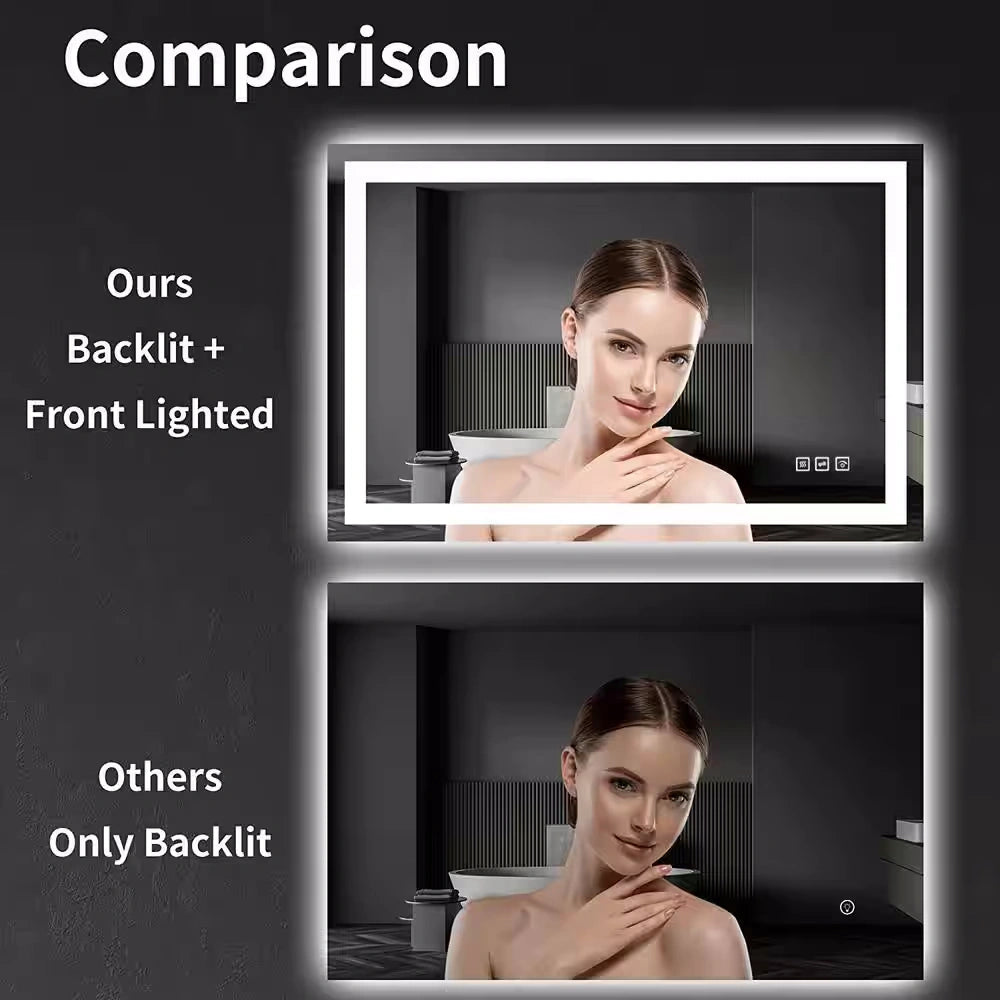 55 in. W x 36 in. H LED Large Rectangular Frameless Anti-Fog Bathroom Mirror Front & Backlit