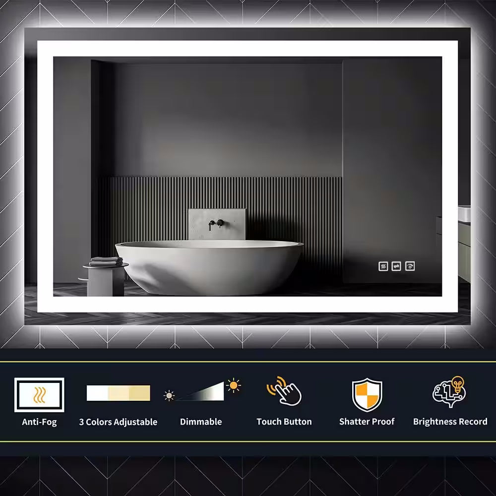 55 in. W x 36 in. H LED Large Rectangular Frameless Anti-Fog Bathroom Mirror Front & Backlit