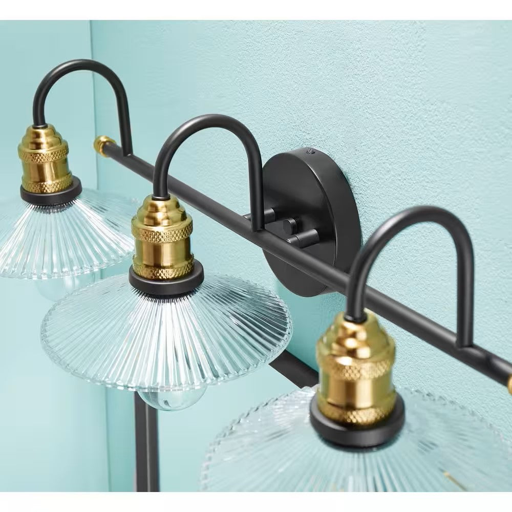 28.7 in. 3-Light Black Golden Bathroom Vanity Light with Glass Shades