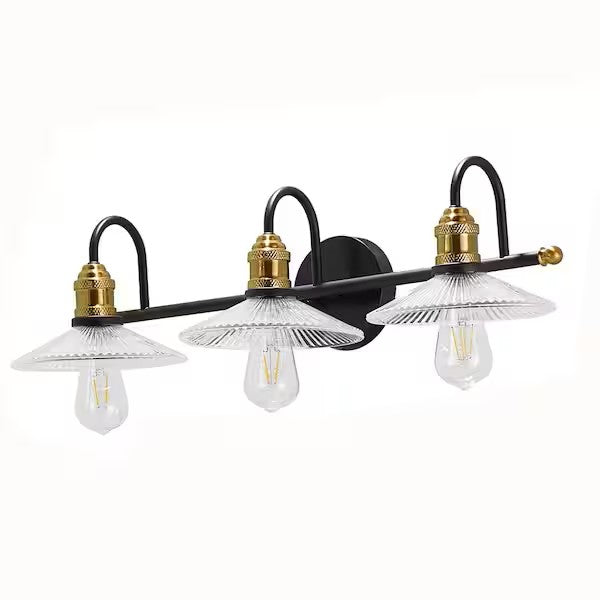 28.7 in. 3-Light Black Golden Bathroom Vanity Light with Glass Shades