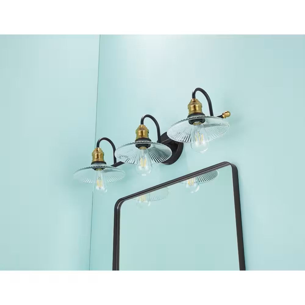 28.7 in. 3-Light Black Golden Bathroom Vanity Light with Glass Shades