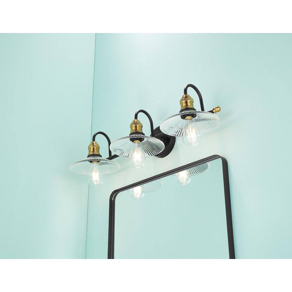 28.7 in. 3-Light Black Golden Bathroom Vanity Light with Glass Shades
