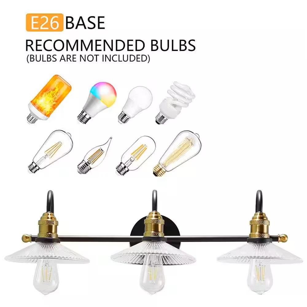 28.7 in. 3-Light Black Golden Bathroom Vanity Light with Glass Shades
