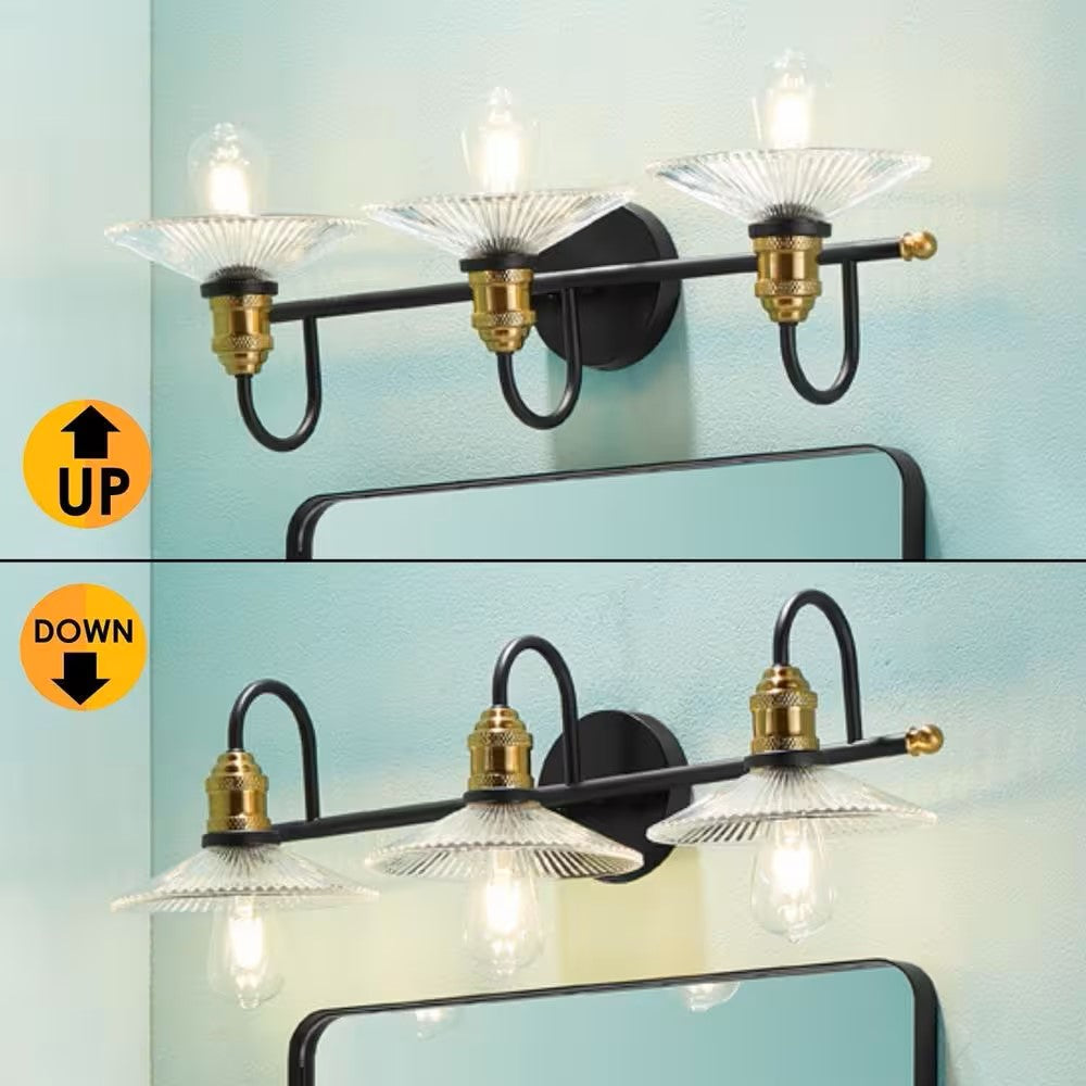 28.7 in. 3-Light Black Golden Bathroom Vanity Light with Glass Shades