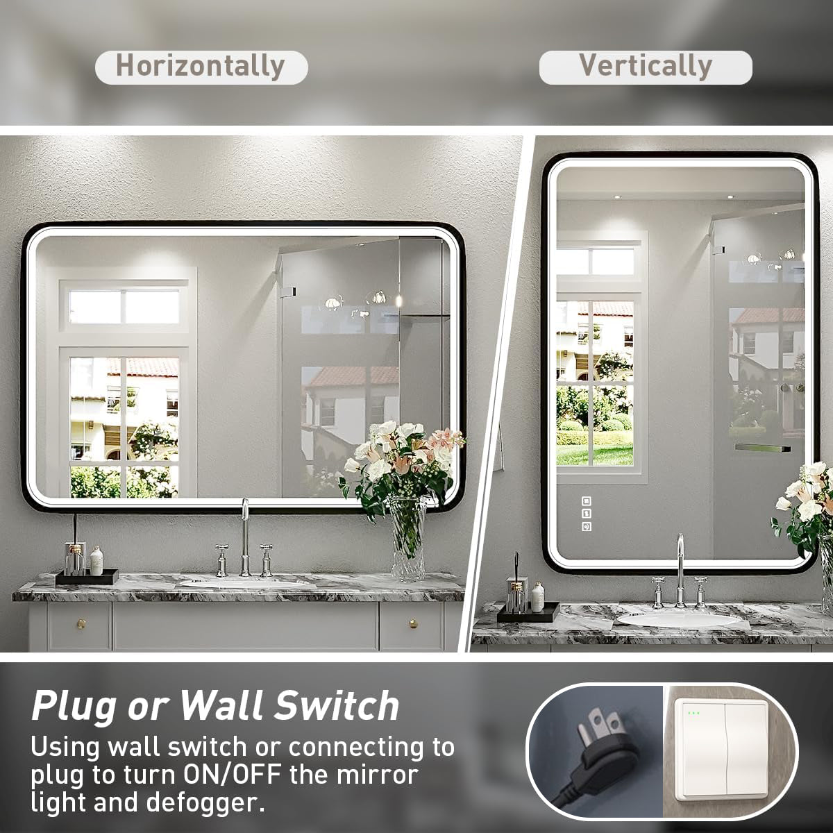 TOOLKISS® Rectangular Black Framed Anti-Fog LED Wall Bathroom Vanity Mirror with Front Light