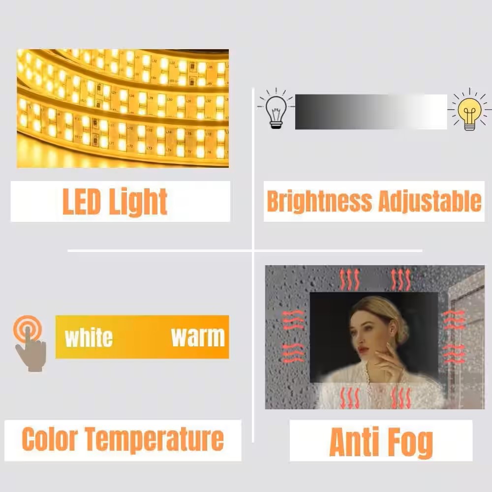 72 in. W x 48 in. H Bathroom Lighted Mirror, Wall-mounted, Frameless, Fogless, Front Light