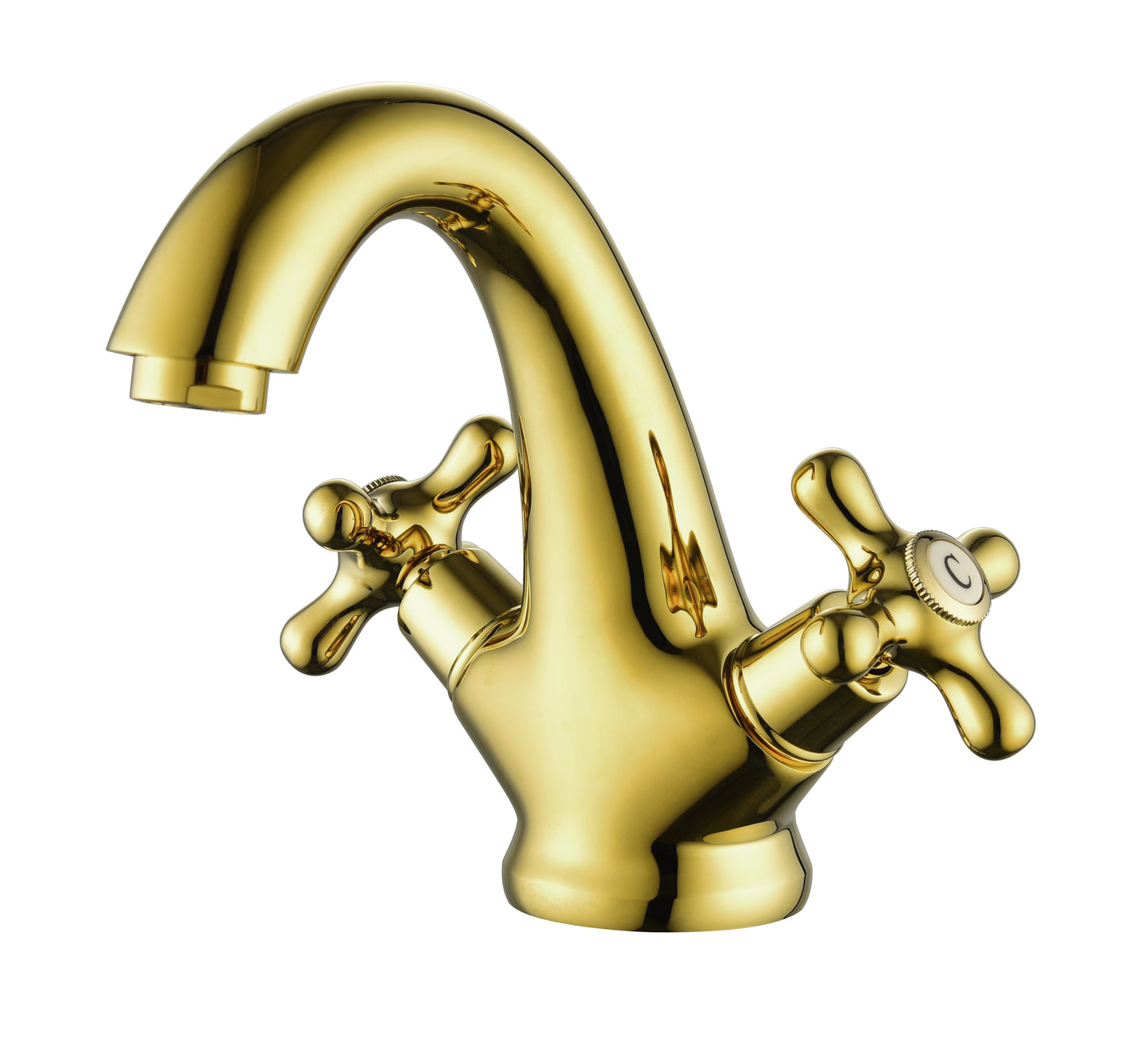 Bathroom Sink Faucet 2 Cross Knobs Gold Polish with Cover Plate Single Hole Vanity Vessel Sink Basin Cold and Hot Water Deck Mounted