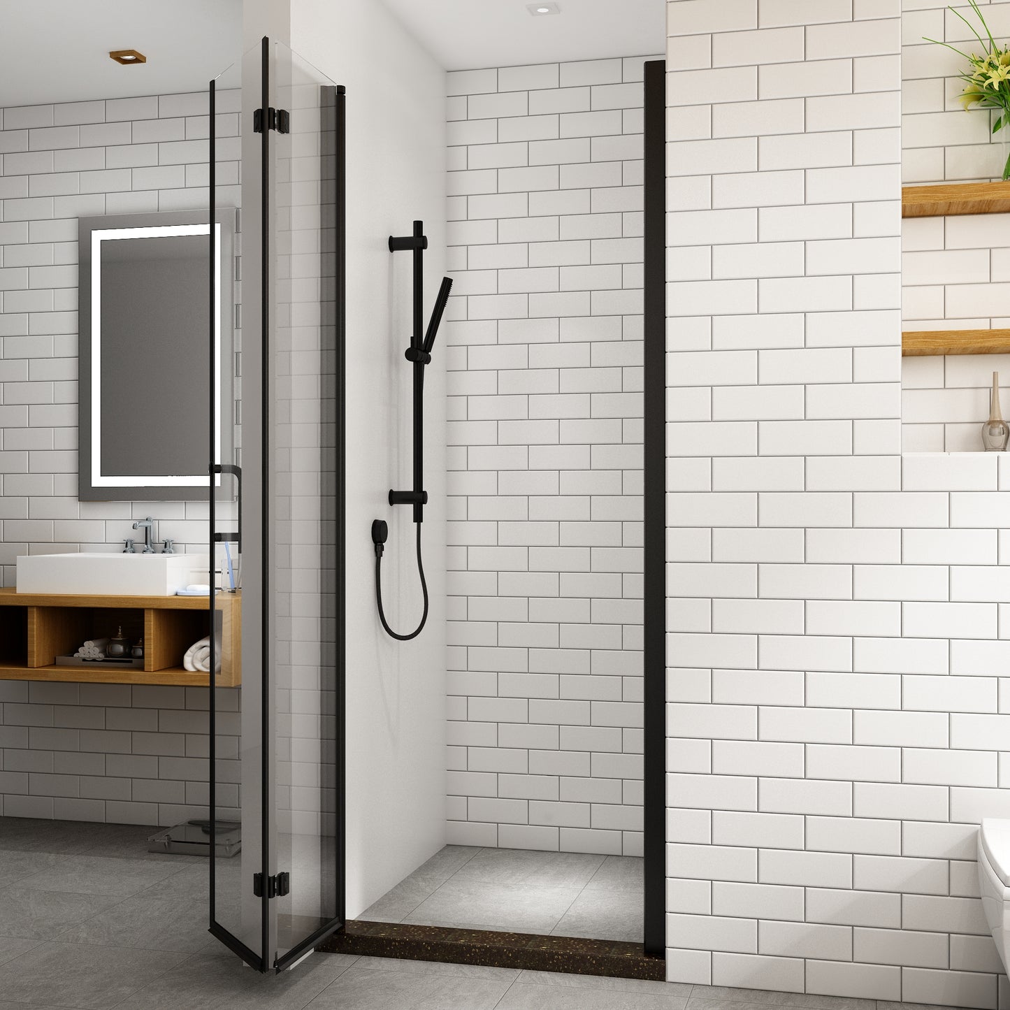36-37 1/4'' in. W x 72 in. H Bi-Fold Minimalist Frameless Shower Door Matte Black Clear Glass