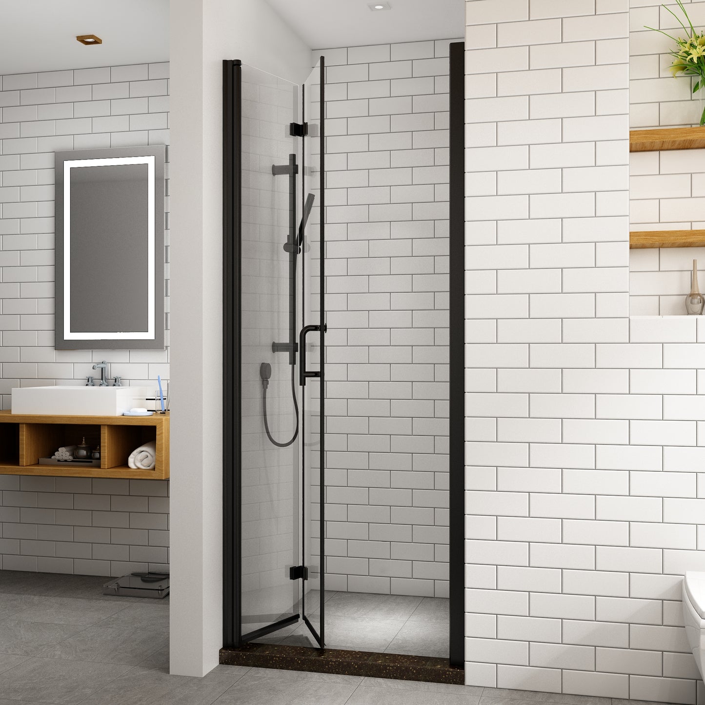 36-37 1/4'' in. W x 72 in. H Bi-Fold Minimalist Frameless Shower Door Matte Black Clear Glass
