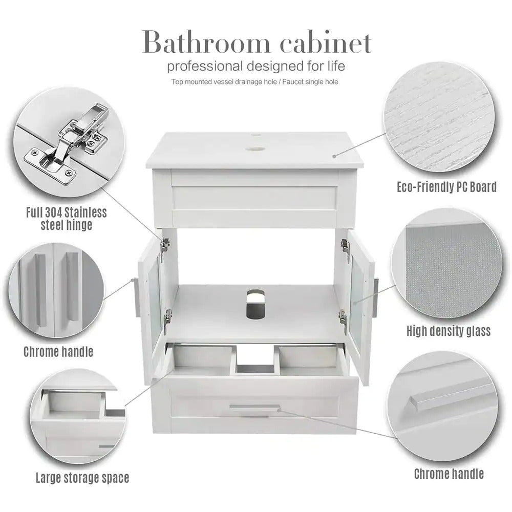 24 in.W x 19 in.D x 32.3 in.H White Wooden Minimalist Bath Cabinet with Round White Ceramic Sink, Faucet, Mirror