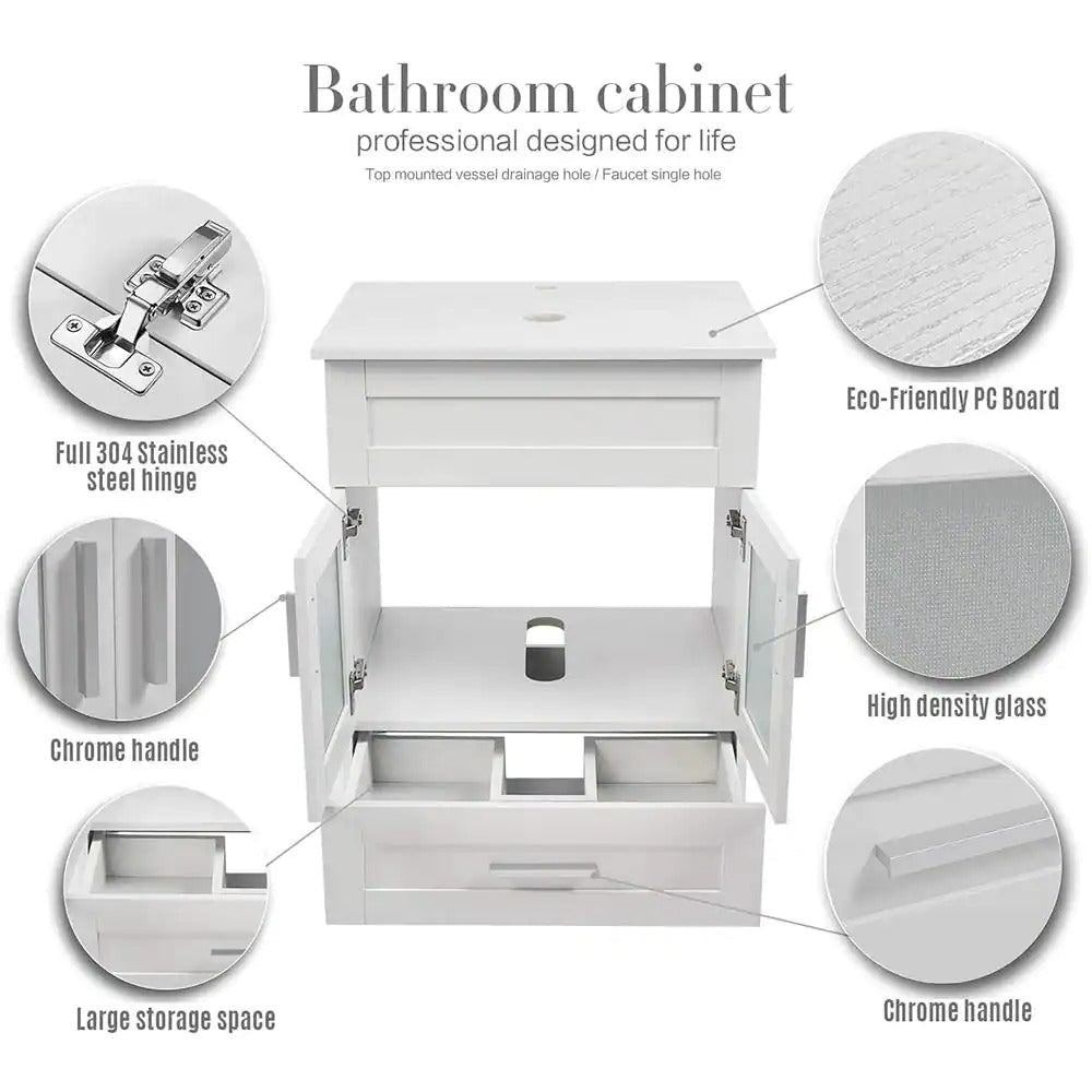 24 in.W x 19 in.D x 32.3 in.H White Wooden Minimalist Bathroom Cabinet with Square Black Ceramic Sink, Faucet, Mirror