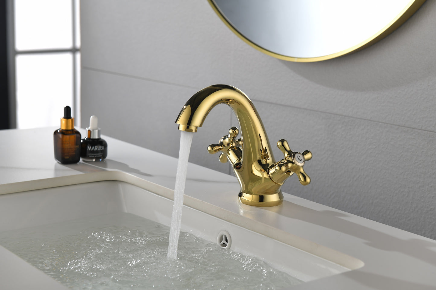 Bathroom Sink Faucet 2 Cross Knobs Gold Polish with Cover Plate Single Hole Vanity Vessel Sink Basin Cold and Hot Water Deck Mounted