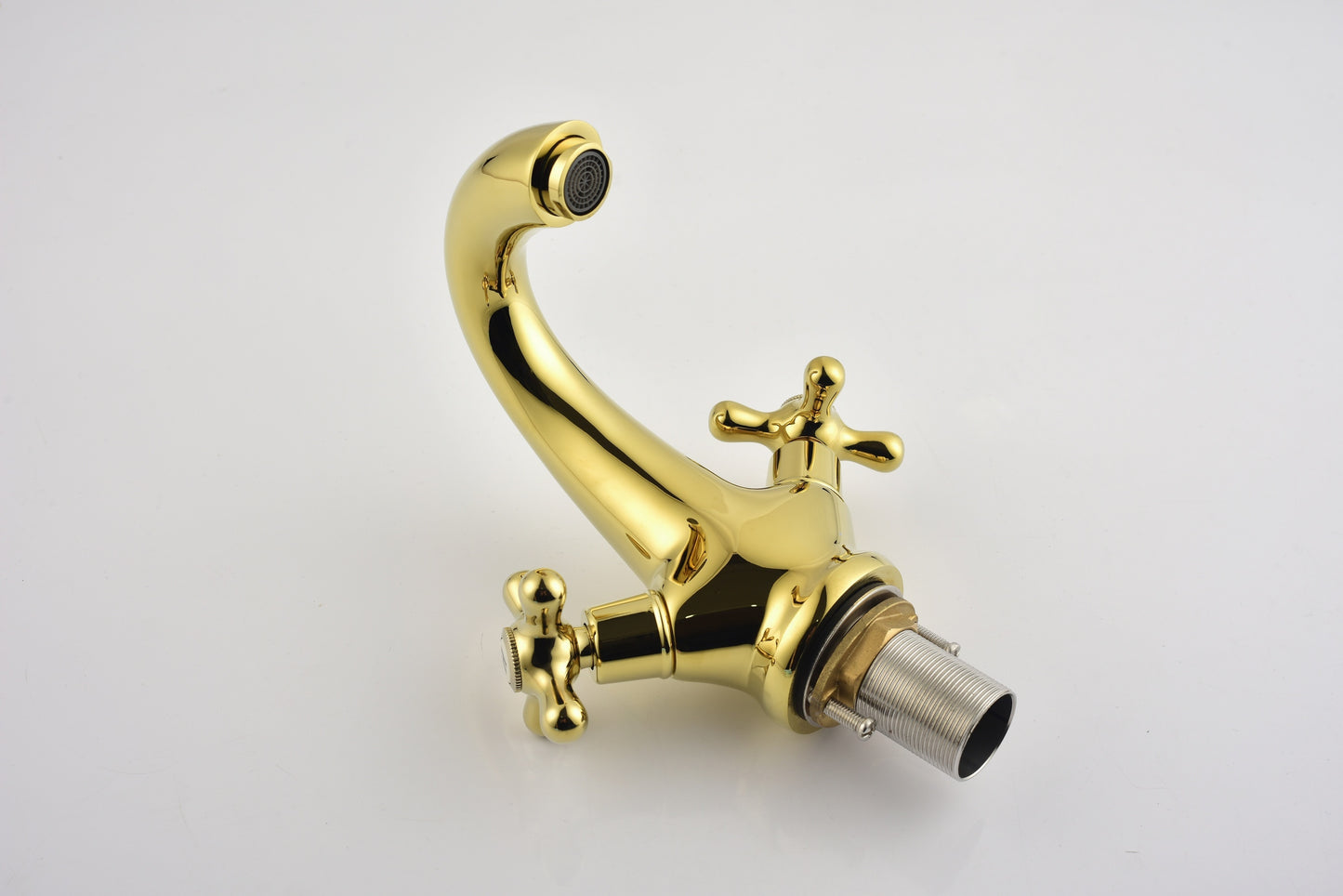 Bathroom Sink Faucet 2 Cross Knobs Gold Polish with Cover Plate Single Hole Vanity Vessel Sink Basin Cold and Hot Water Deck Mounted