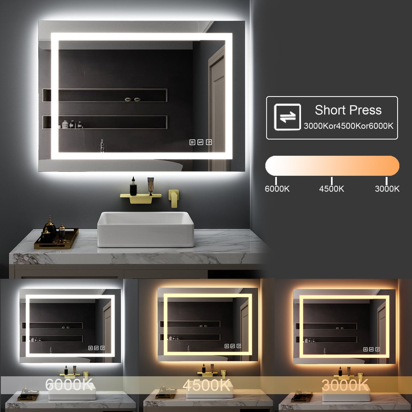 48 in. W x 36 in. H LED Rectangular Frameless Anti-Fog Bathroom Mirror Front Light